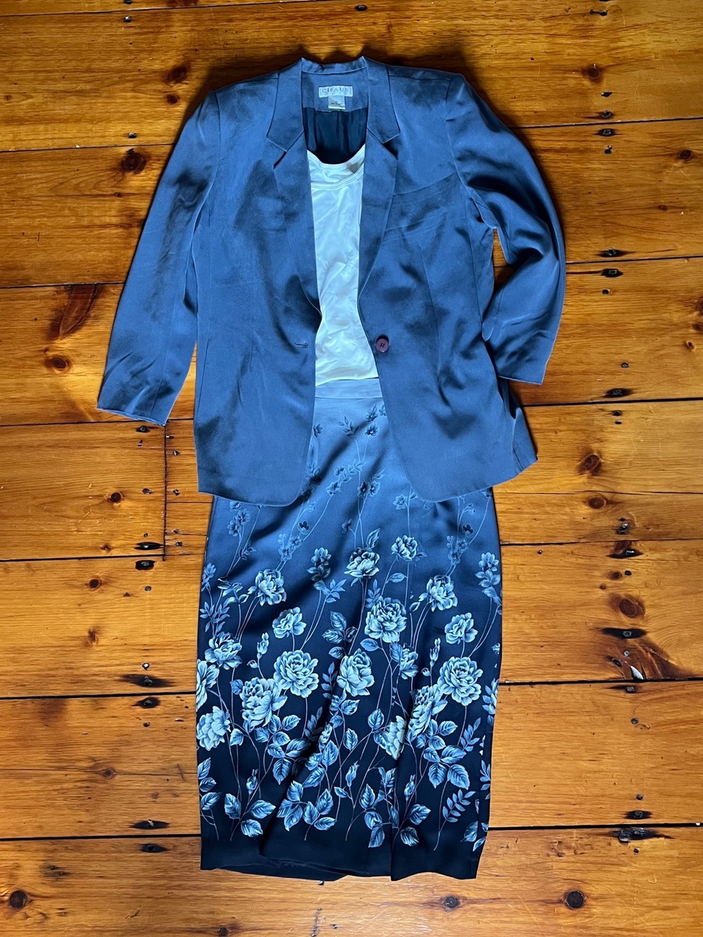 VTG 90s Chaus Silk Blazer & Floral Maxi Wrap Skirt Set 14P